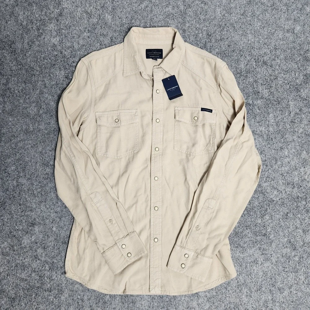 Lucky Brand NWT Western Snap Shirt Men S Washed Beige Long Sleeve Utility Pocket